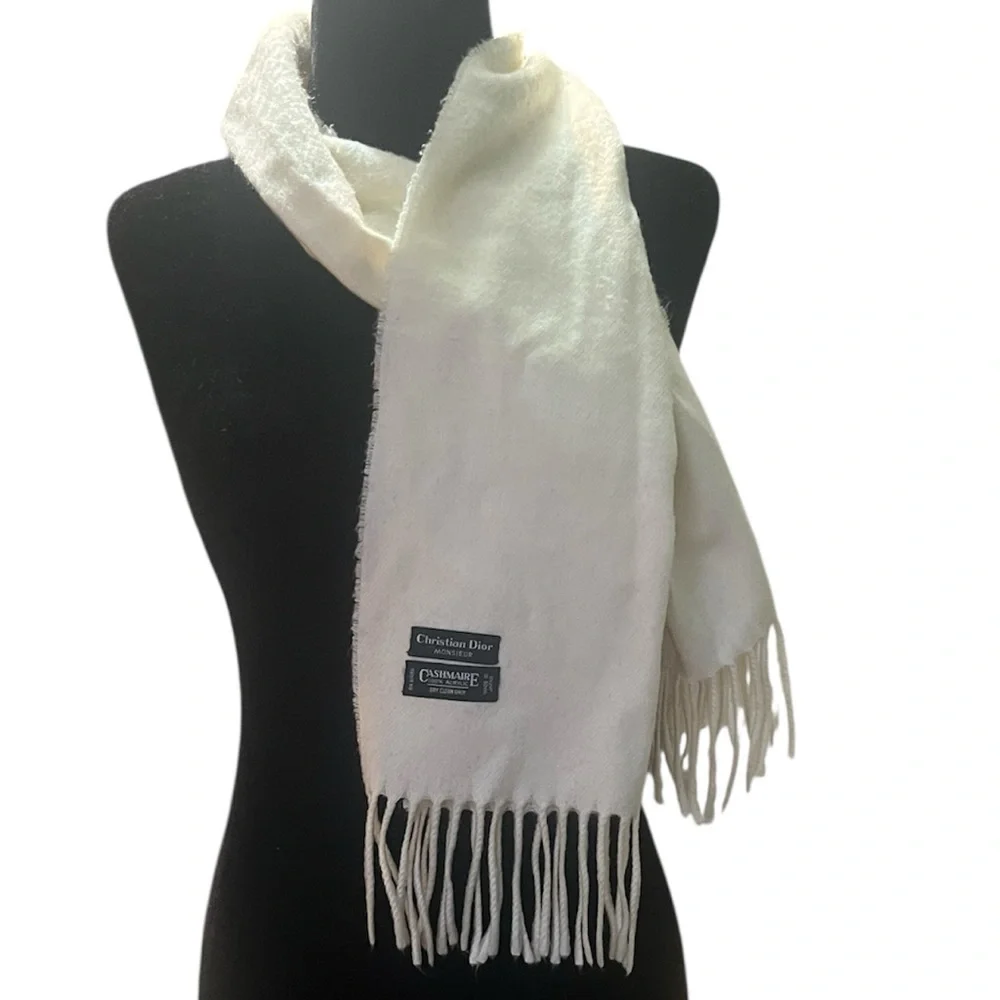 Christian Dior Monsieur Vintage Cashmaire Cream Scarf Fringe Unisex